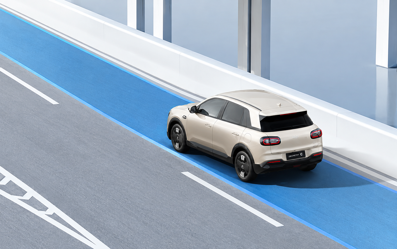 SUV crema en autopista futurista